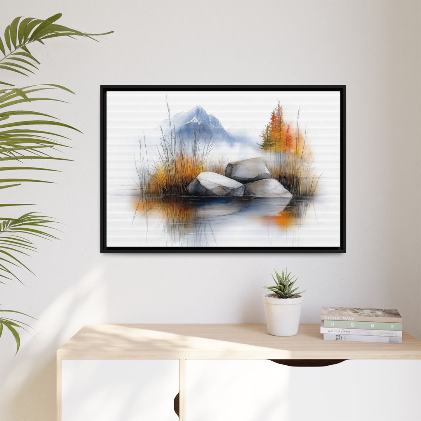 Whispers of the Lake - Nature Landscape Canvas Art with Floater Frame - Tranquil Mountains and Autumn Reflection