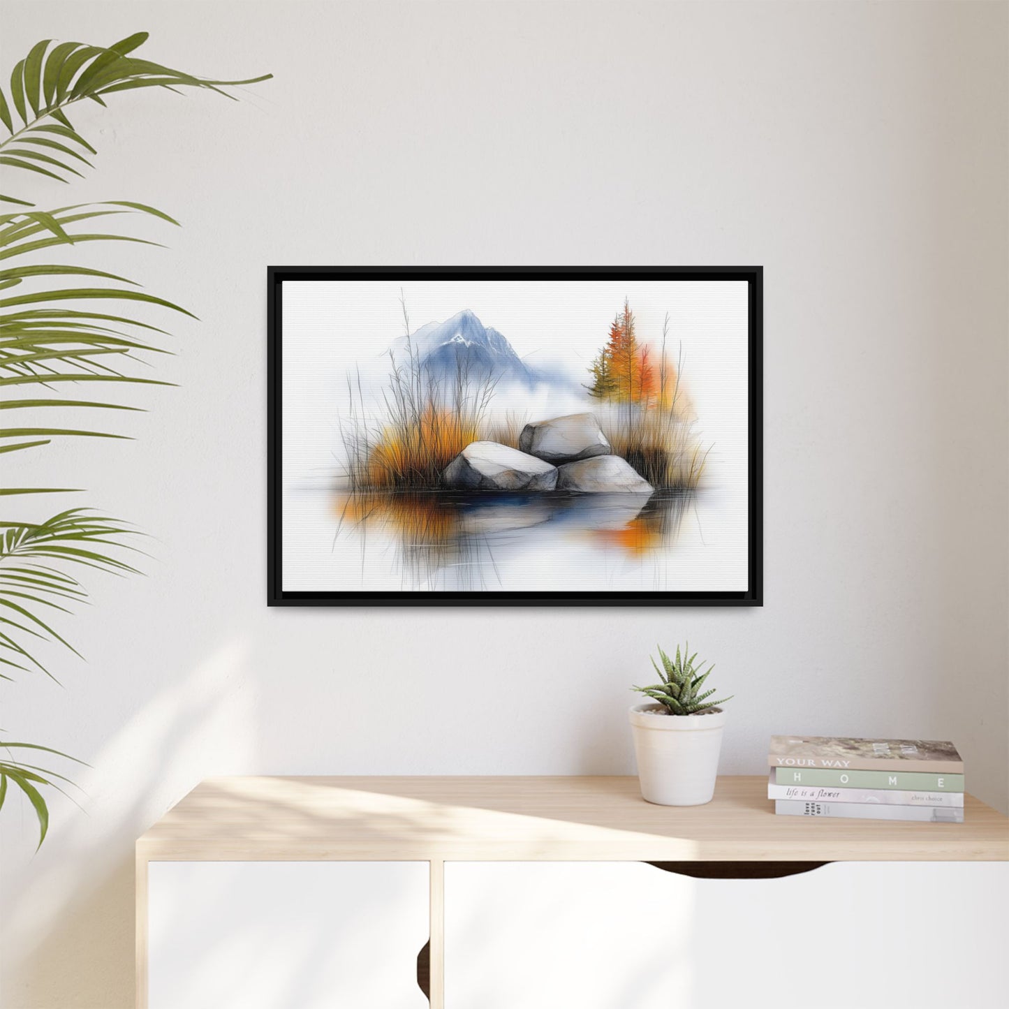 Whispers of the Lake - Nature Landscape Canvas Art with Floater Frame - Tranquil Mountains and Autumn Reflection