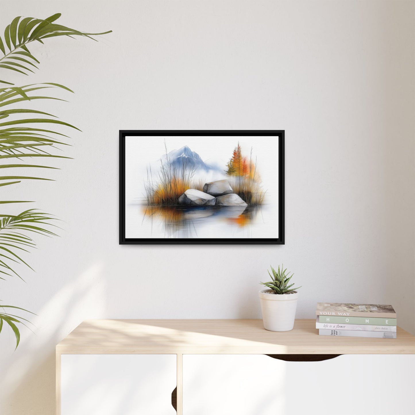 Whispers of the Lake - Nature Landscape Canvas Art with Floater Frame - Tranquil Mountains and Autumn Reflection