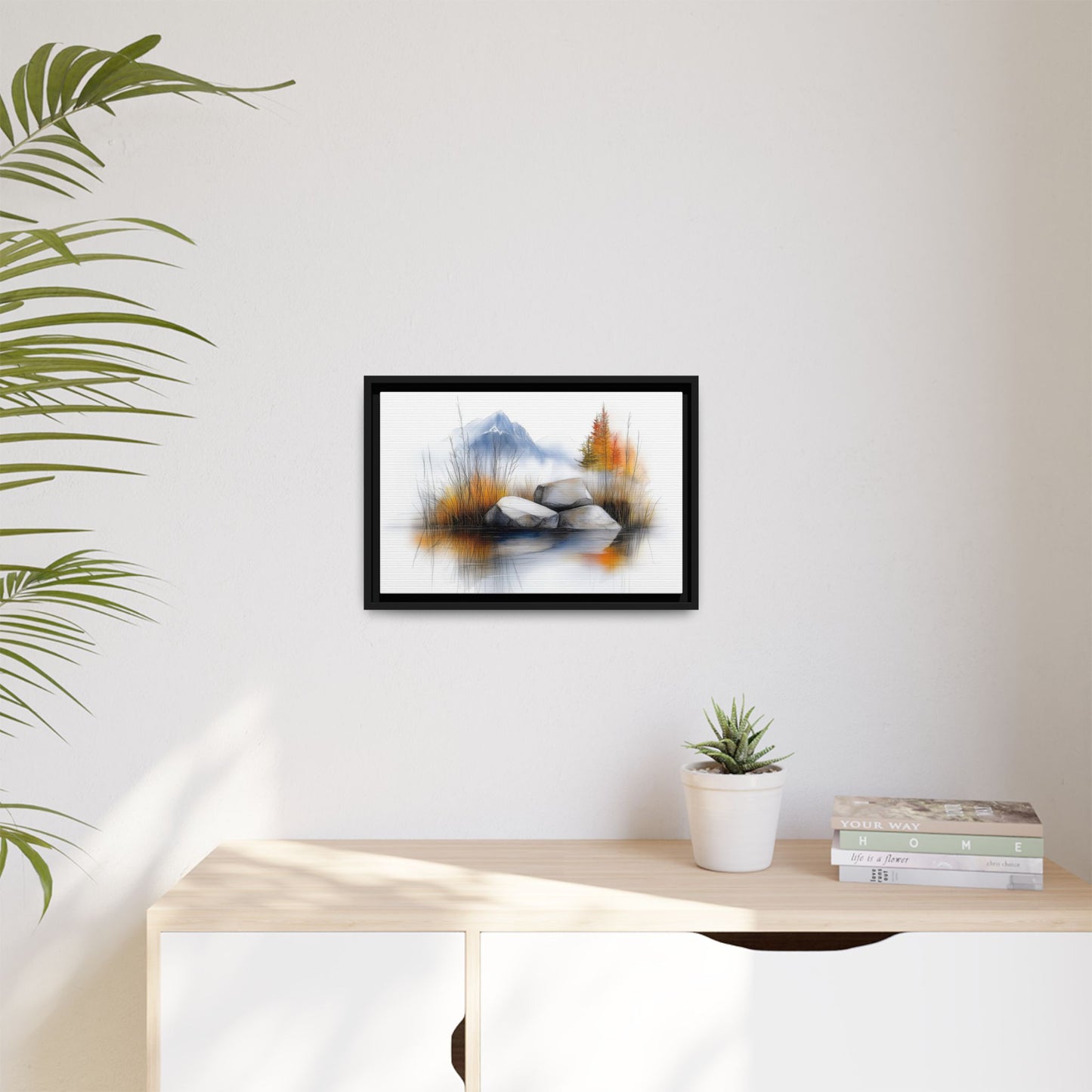 Whispers of the Lake - Nature Landscape Canvas Art with Floater Frame - Tranquil Mountains and Autumn Reflection
