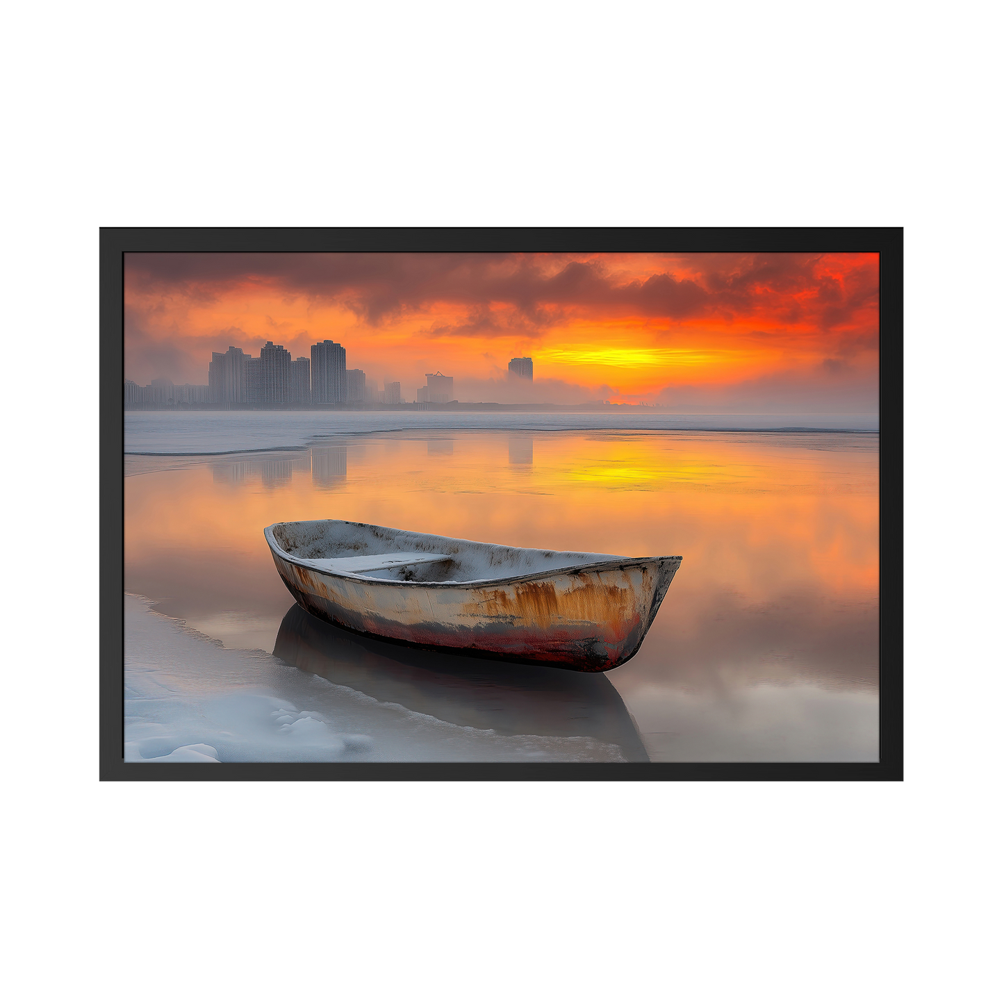 Adrift in Time - Fine Art Wall Decor - Serene Sunset Framed Poster - Coastal Boat Art for Home Decor