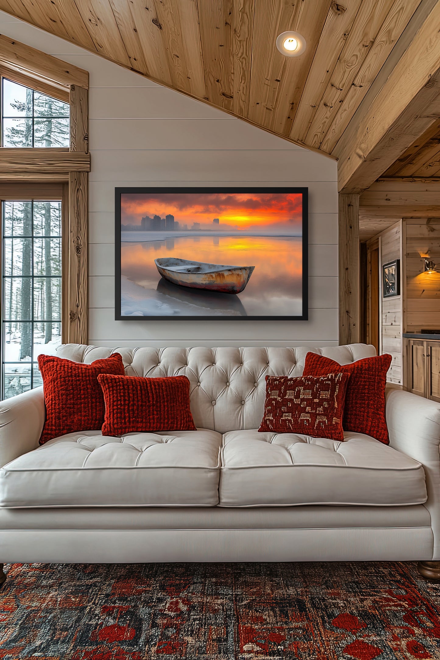 Adrift in Time - Fine Art Wall Decor - Serene Sunset Framed Poster - Coastal Boat Art for Home Decor