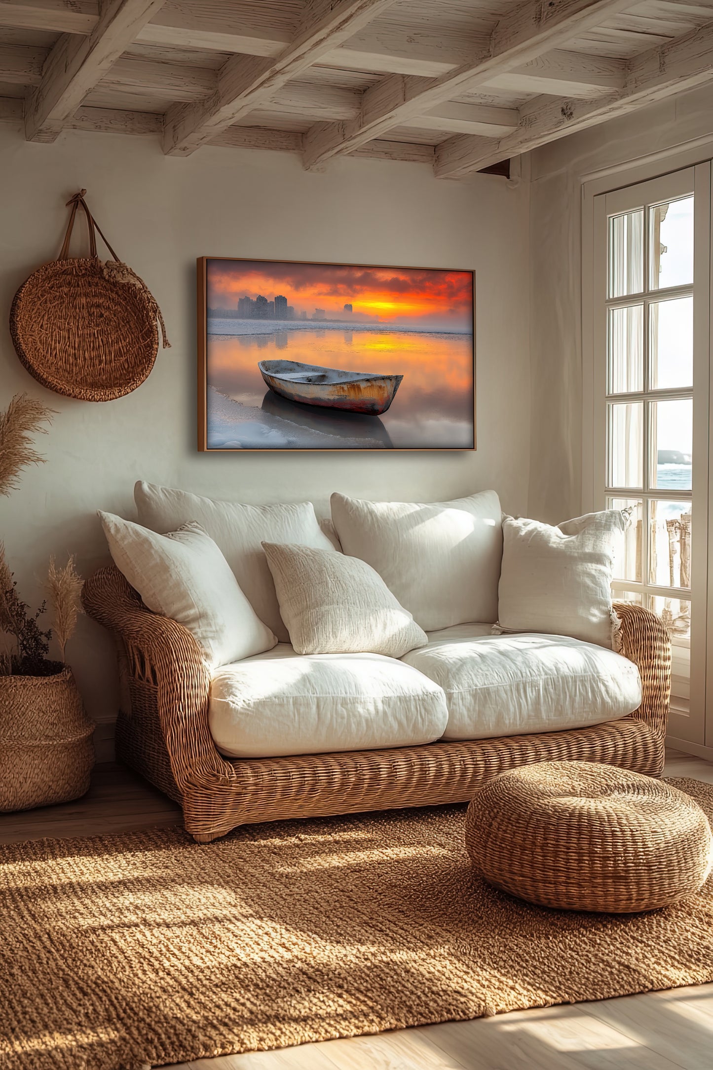 Adrift in Time - Fine Art Wall Decor - Serene Sunset Boat Paper Poster - Nature and Urban life - Tranquil Wall Art for Home Decor