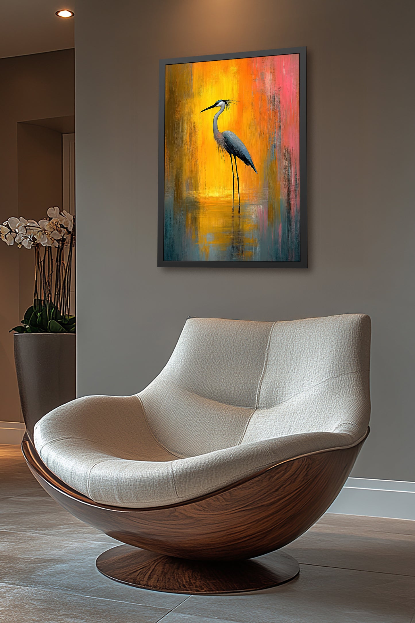 Stillness in Flame - Serene Heron Framed Fine Art Prints - Vibrant Wall Decor for Nature Lovers