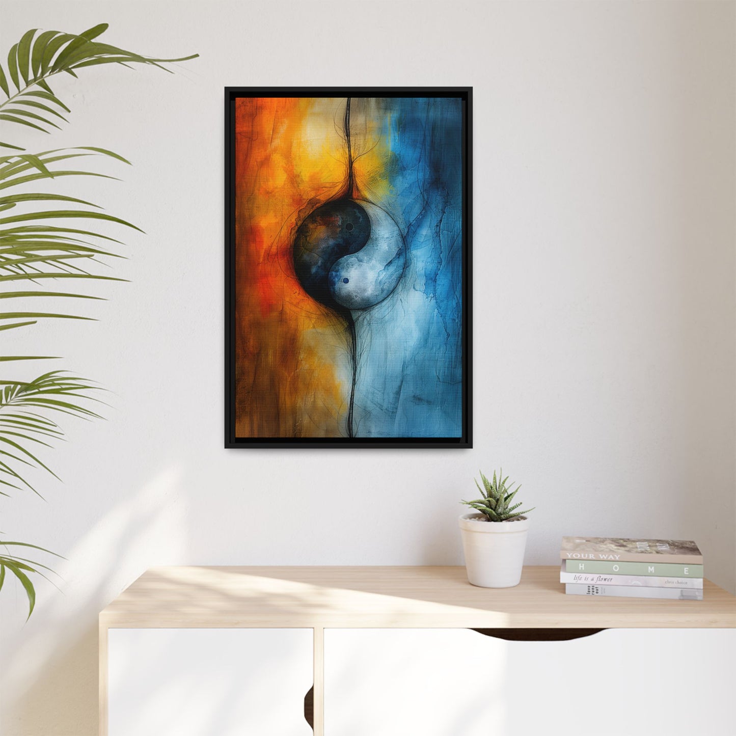 Balance of Fire and Ice - Yin Yang Framed Canvas Art - Multi-Color Abstract Wall Decor