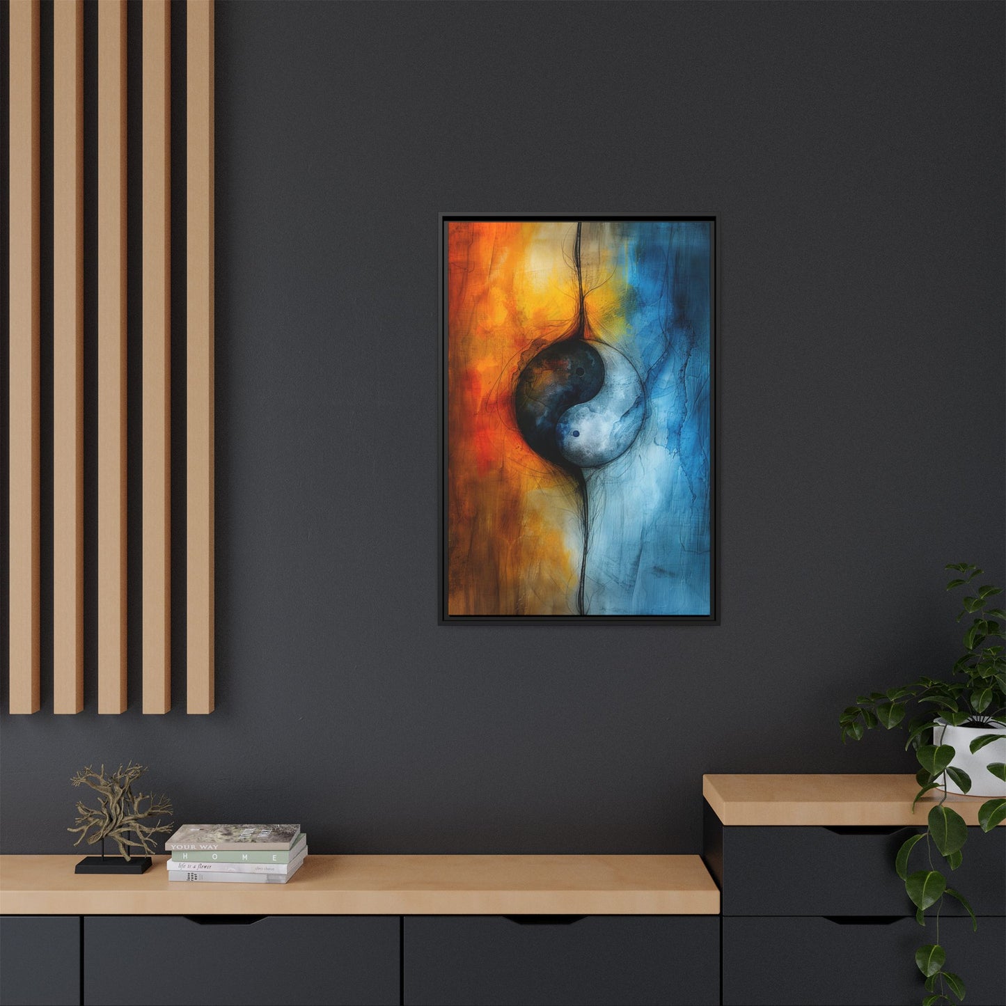 Balance of Fire and Ice - Yin Yang Framed Canvas Art - Multi-Color Abstract Wall Decor