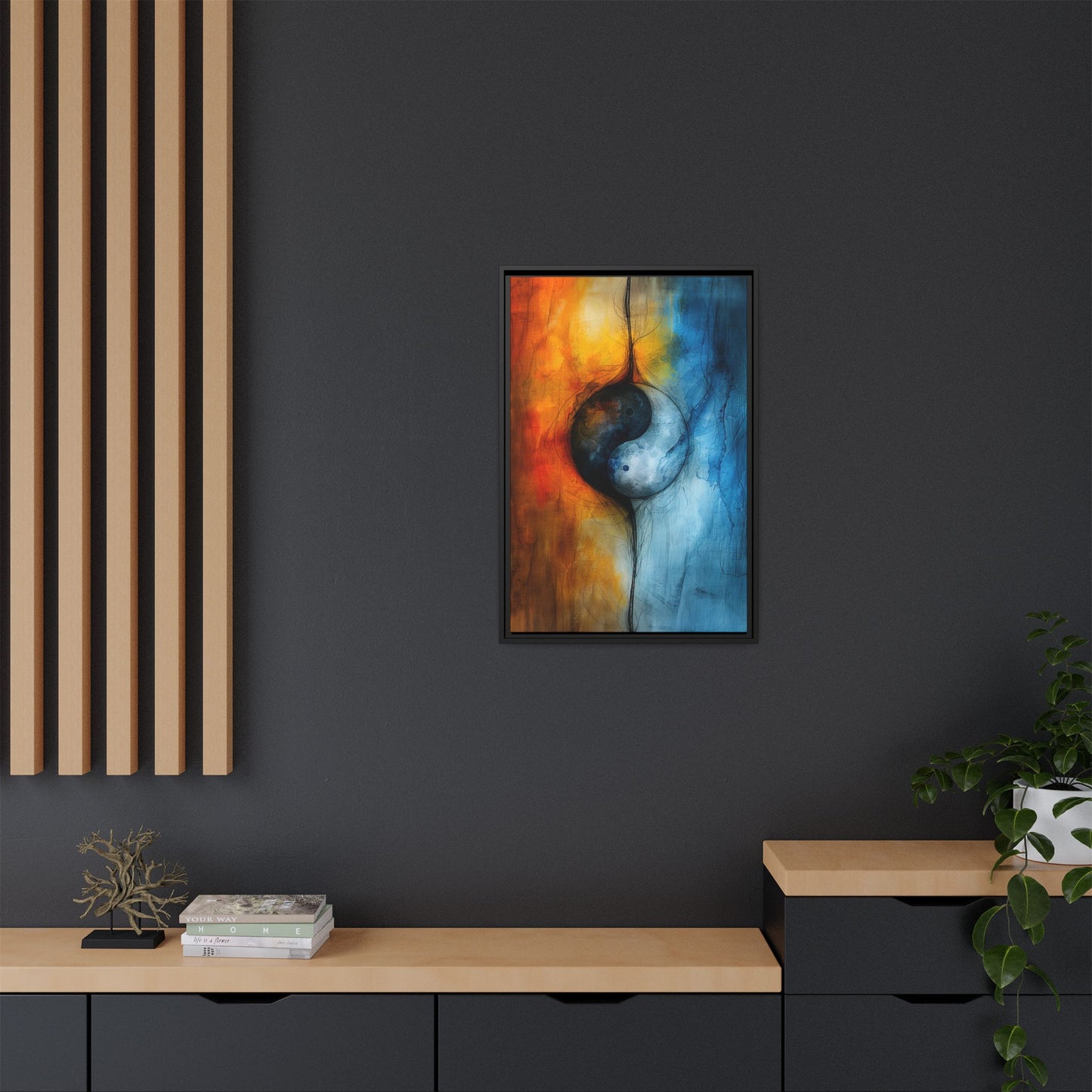 Balance of Fire and Ice - Yin Yang Framed Canvas Art - Multi-Color Abstract Wall Decor