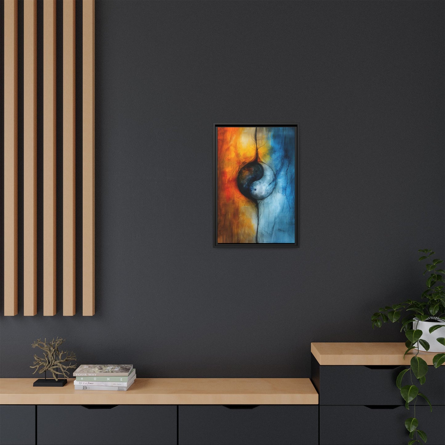 Balance of Fire and Ice - Yin Yang Framed Canvas Art - Multi-Color Abstract Wall Decor