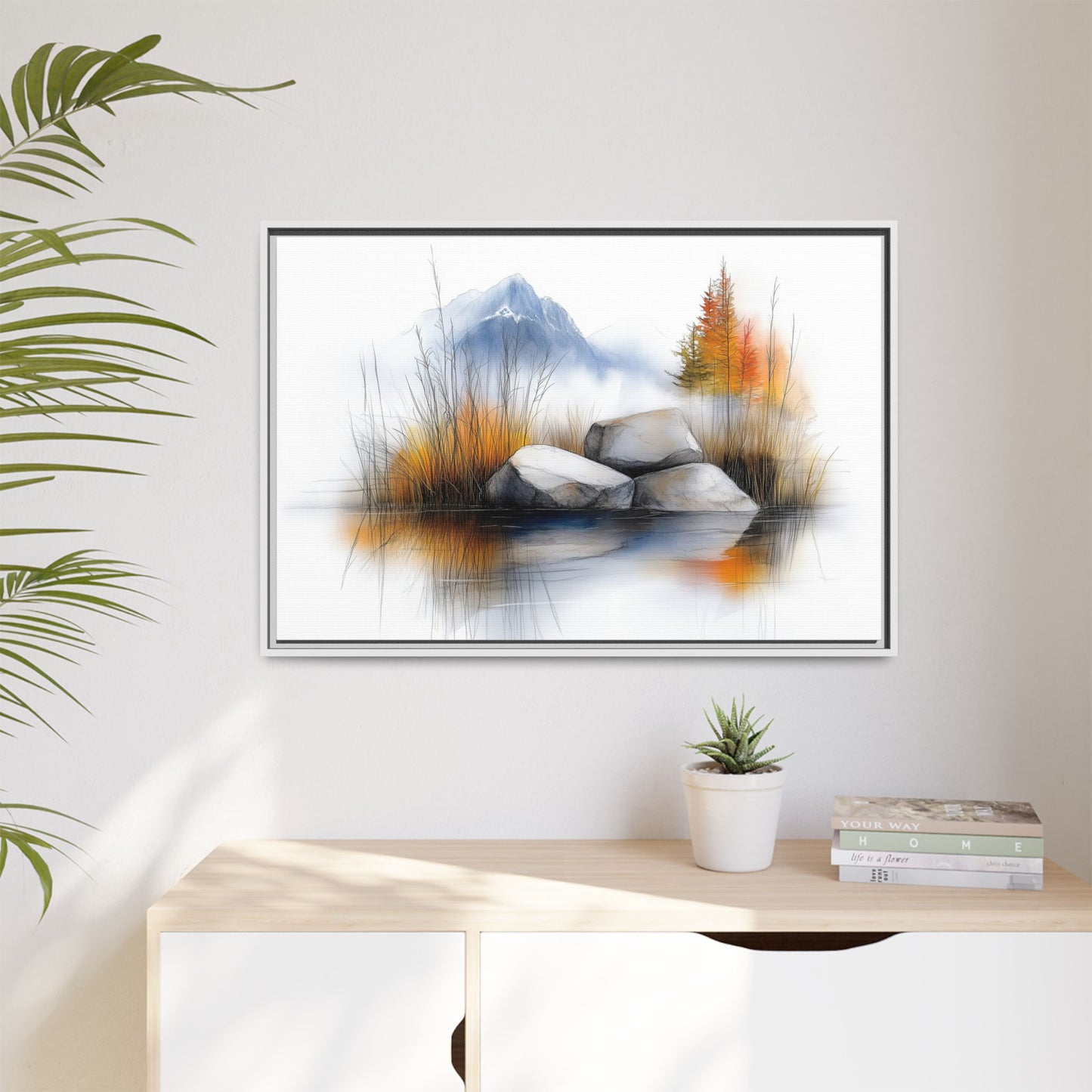 Whispers of the Lake - Nature Landscape Canvas Art with Floater Frame - Tranquil Mountains and Autumn Reflection