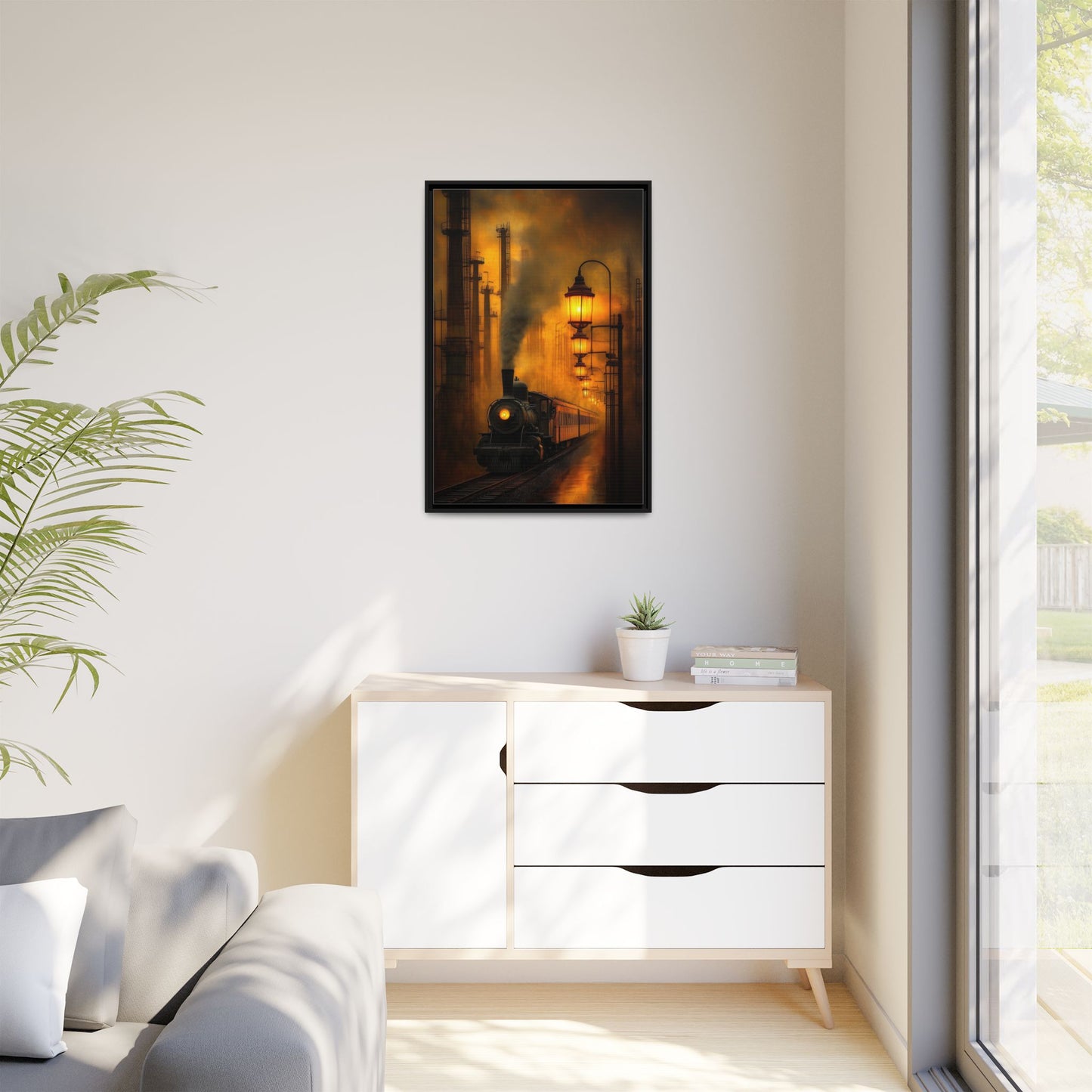 The Last Train Through the Inferno - Framed Vintage Train Canvas Art - Warm Glow Railroad Artwork