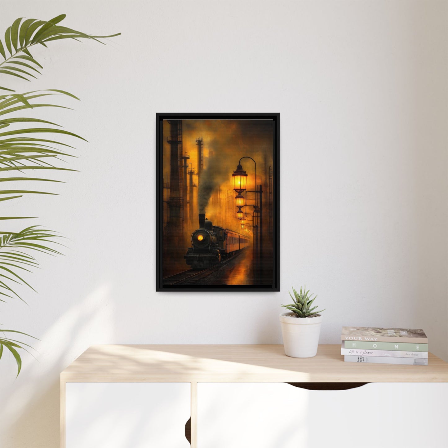 The Last Train Through the Inferno - Framed Vintage Train Canvas Art - Warm Glow Railroad Artwork