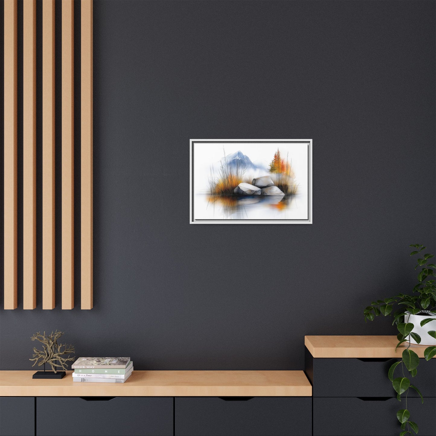 Whispers of the Lake - Nature Landscape Canvas Art with Floater Frame - Tranquil Mountains and Autumn Reflection