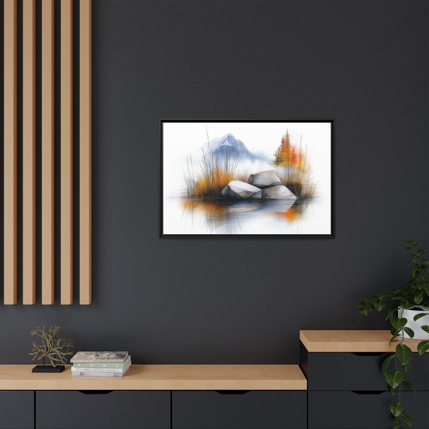 Whispers of the Lake - Nature Landscape Canvas Art with Floater Frame - Tranquil Mountains and Autumn Reflection