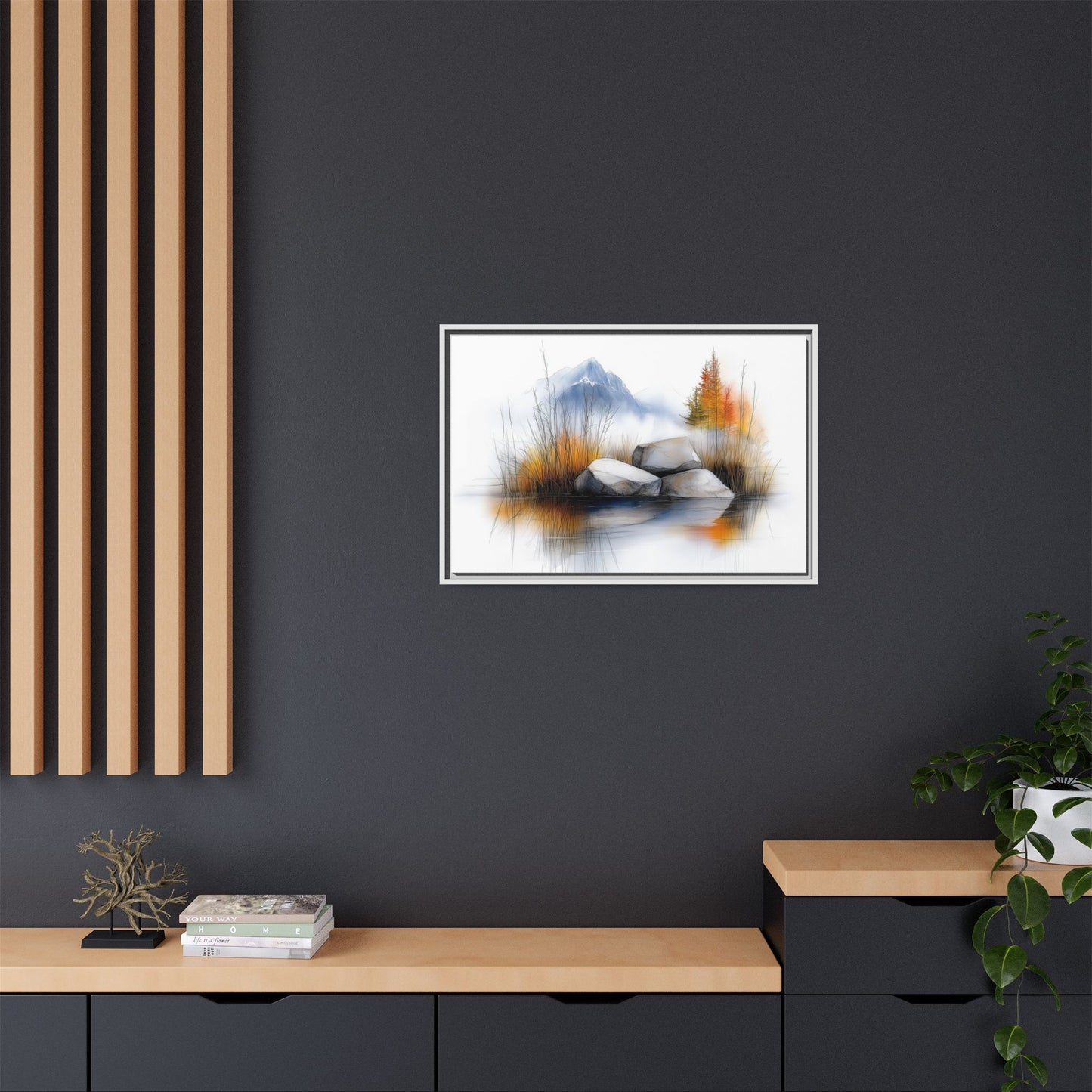 Whispers of the Lake - Nature Landscape Canvas Art with Floater Frame - Tranquil Mountains and Autumn Reflection