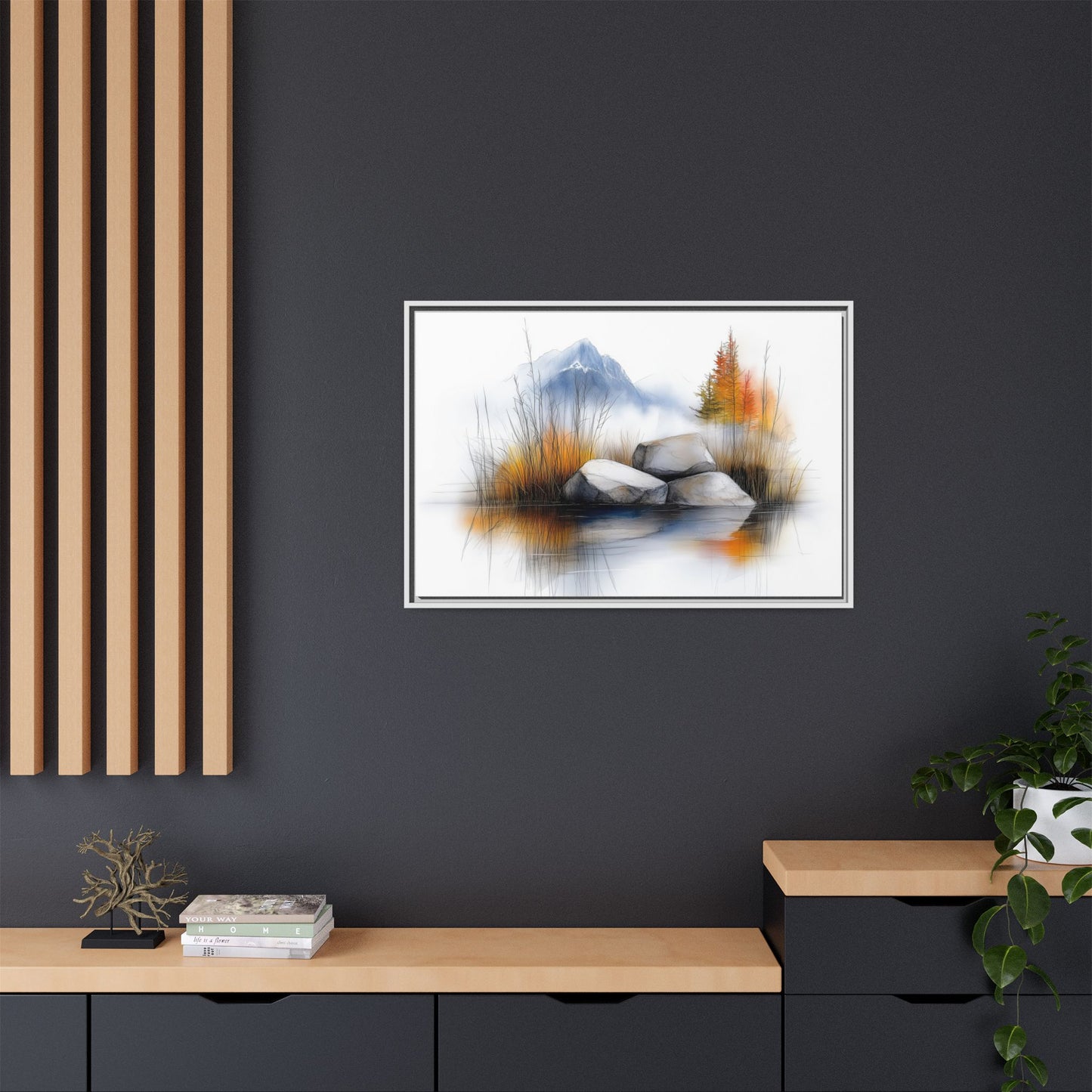 Whispers of the Lake - Nature Landscape Canvas Art with Floater Frame - Tranquil Mountains and Autumn Reflection