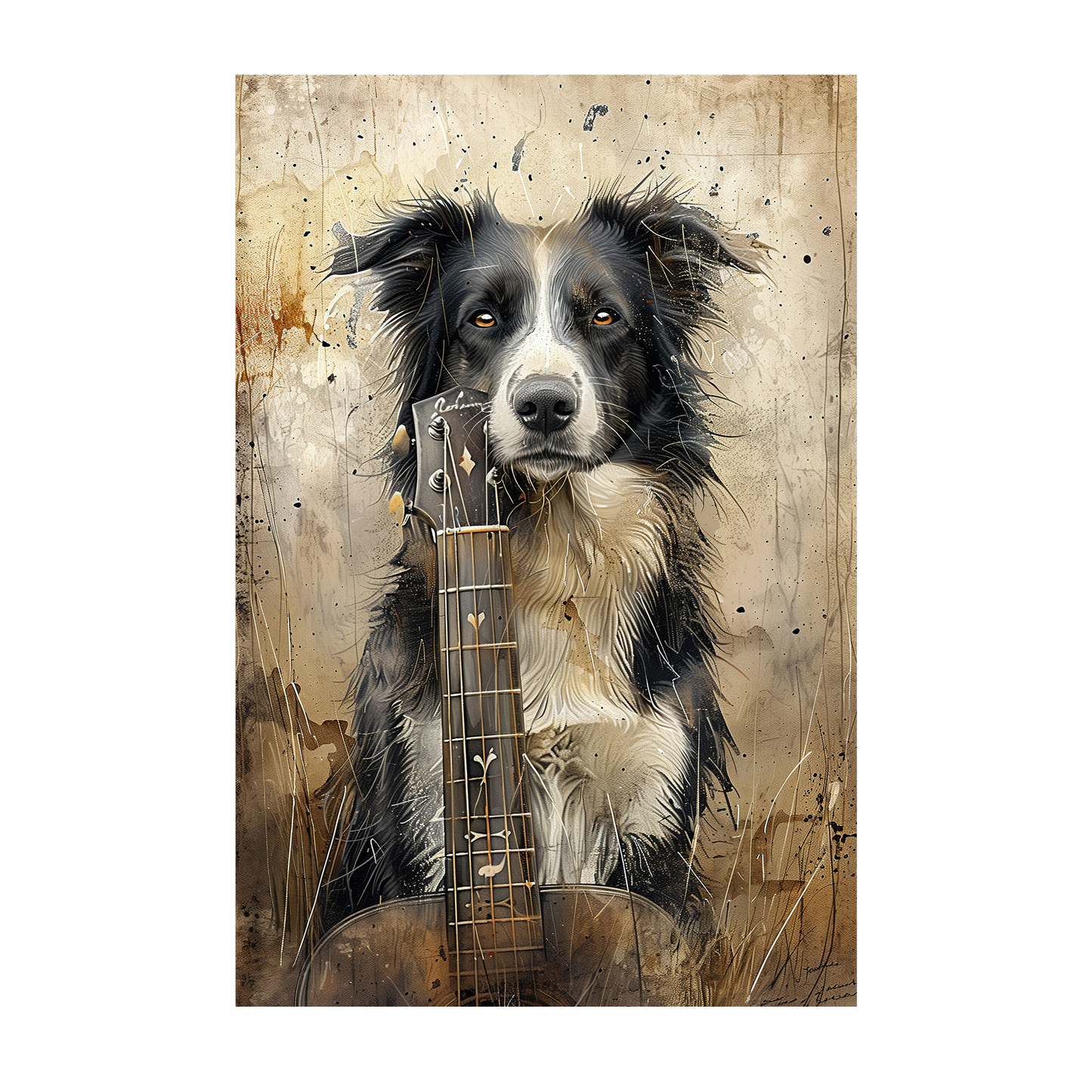 Melody & Loyalty - Border Collie Guitar Fine Art Print | Perfect Gift for Dog and Music Lovers - Border Collie Guitar Art Poster | Rustic Dog Wall Decor