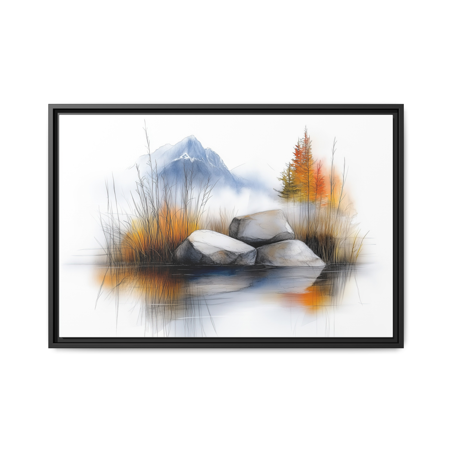 Whispers of the Lake - Nature Landscape Canvas Art with Floater Frame - Tranquil Mountains and Autumn Reflection
