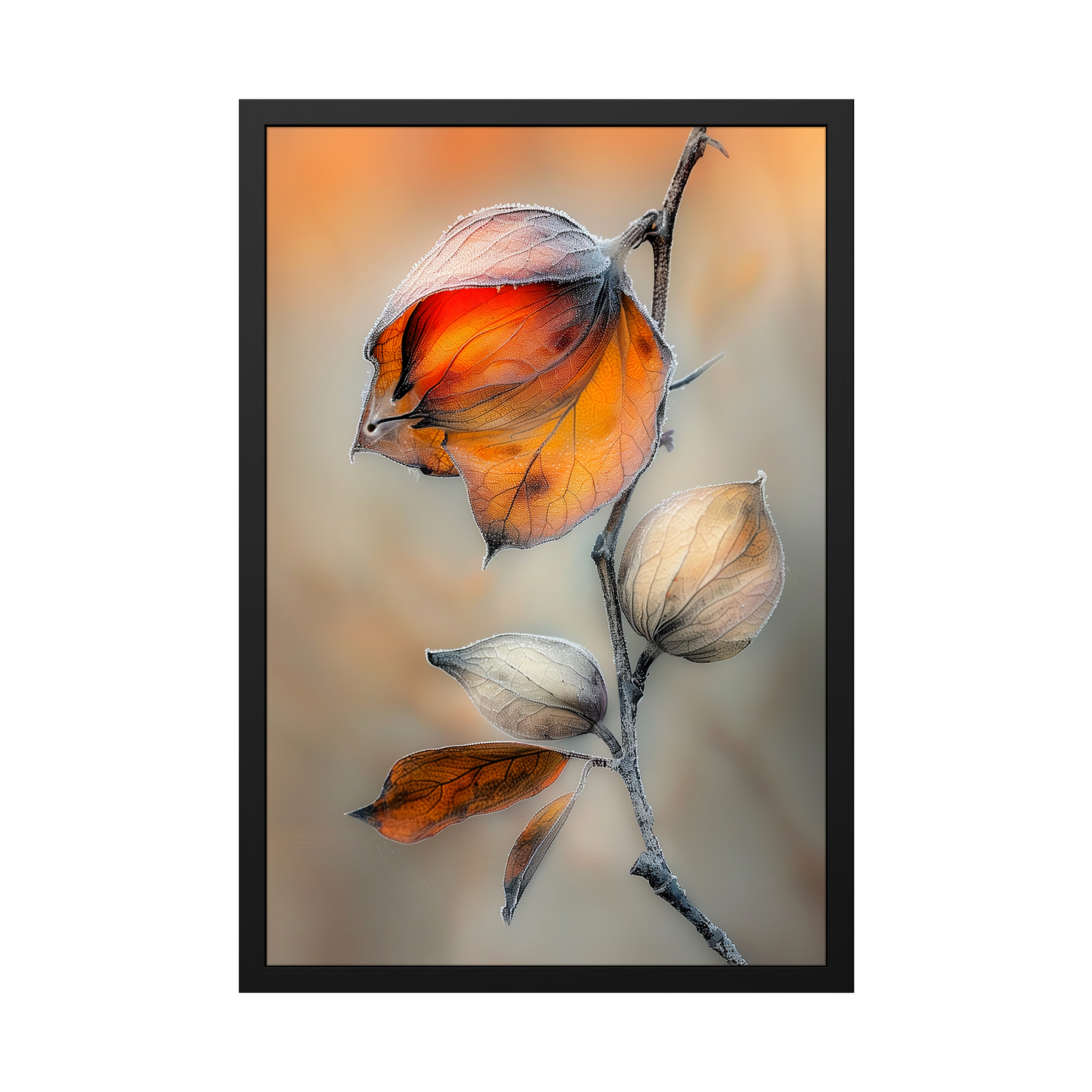 Frozen Ember - Autumn Elegance Framed Fine Art - Fall Decor with Stunning Winter Frost Leaf Design