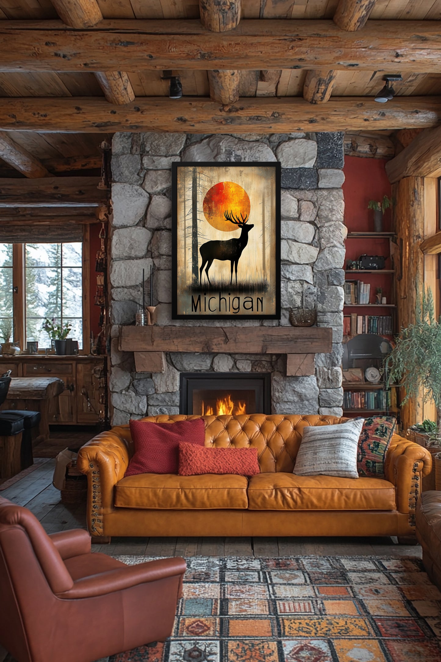 Michigan Majesty - Michigan Elk Sunset Framed Paper Poster - Vintage Wall Art for Nature Lovers