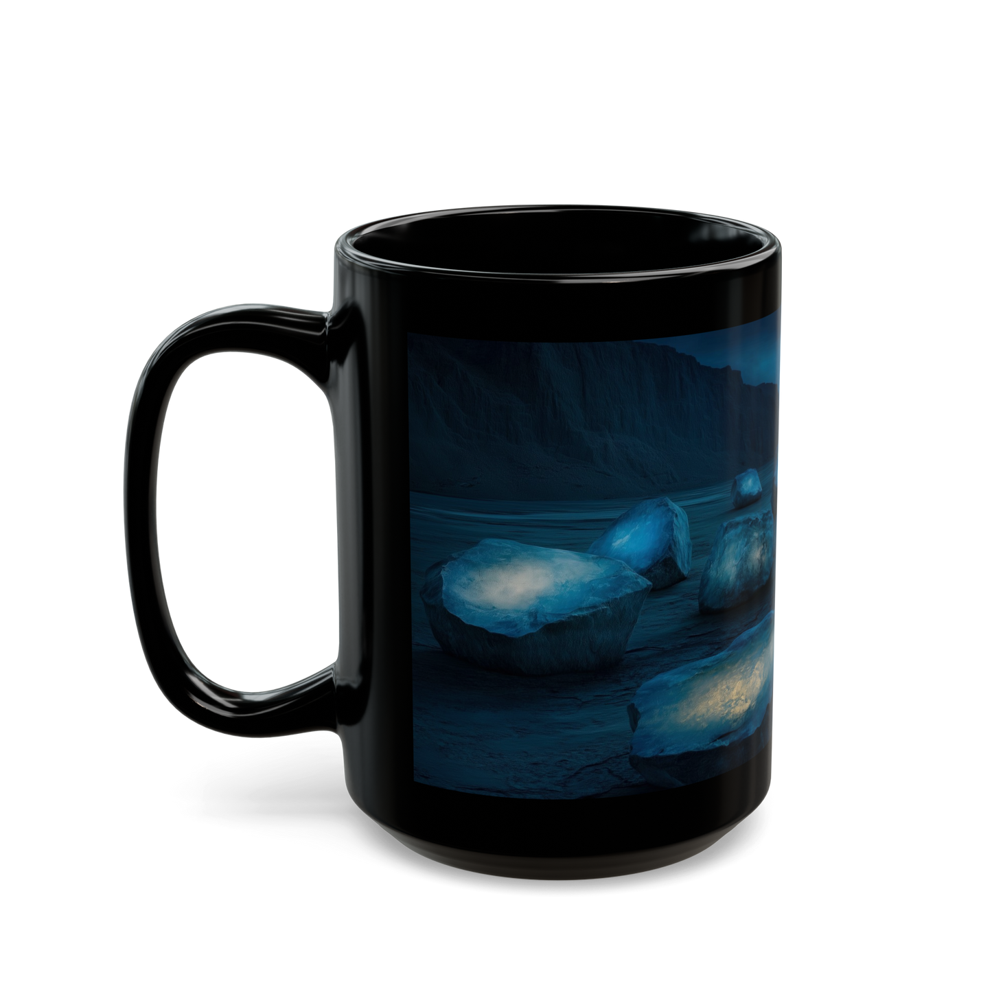 The Luminous Stones of the Storm - Mysterious Landscape Black Coffee Mug - Perfect for Nature Lovers