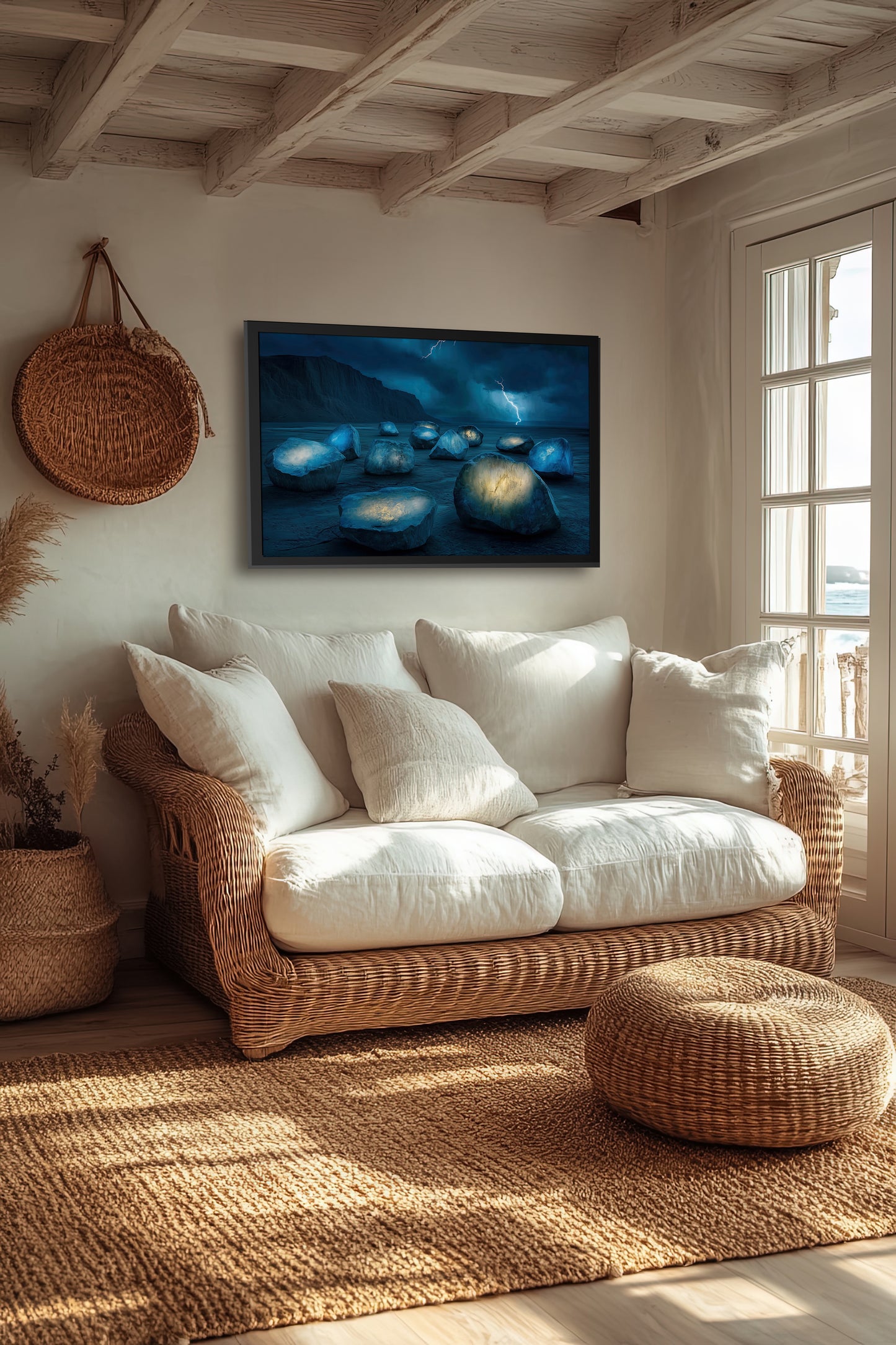 The Luminous Stones of the Storm - Mystical Landscape Framed Giclée Fine Art Print - Serene Blue Rocks and Lightning Decor