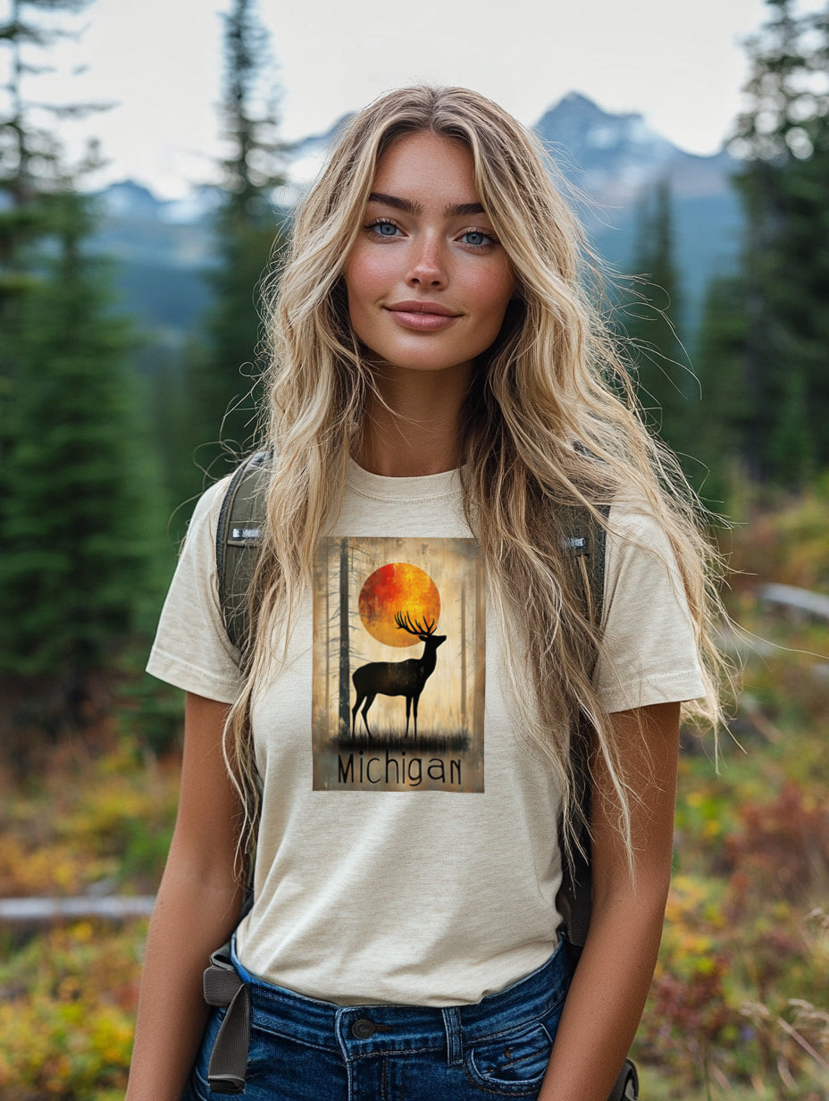 Michigan Majesty - Retro Sunset Elk Unisex T-Shirt