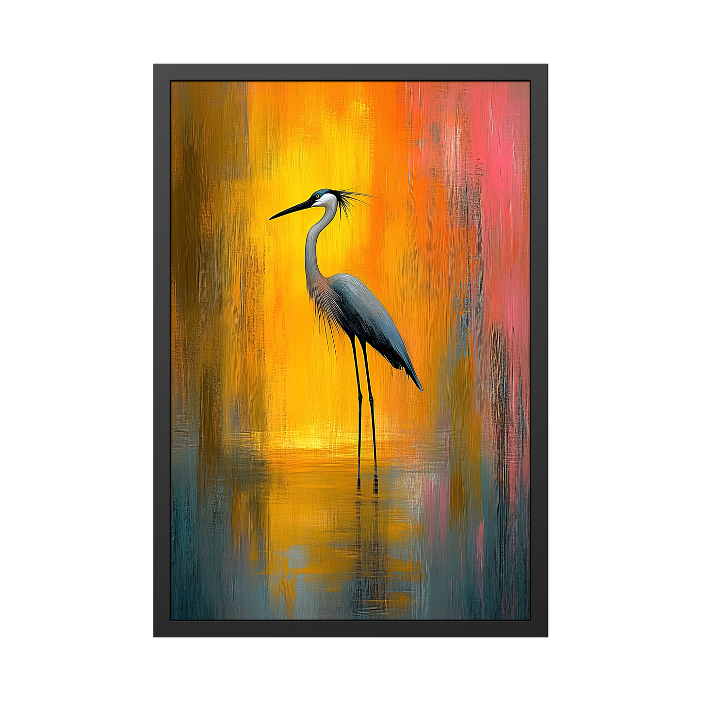 Stillness in Flame - Serene Heron Framed Fine Art Prints - Vibrant Wall Decor for Nature Lovers