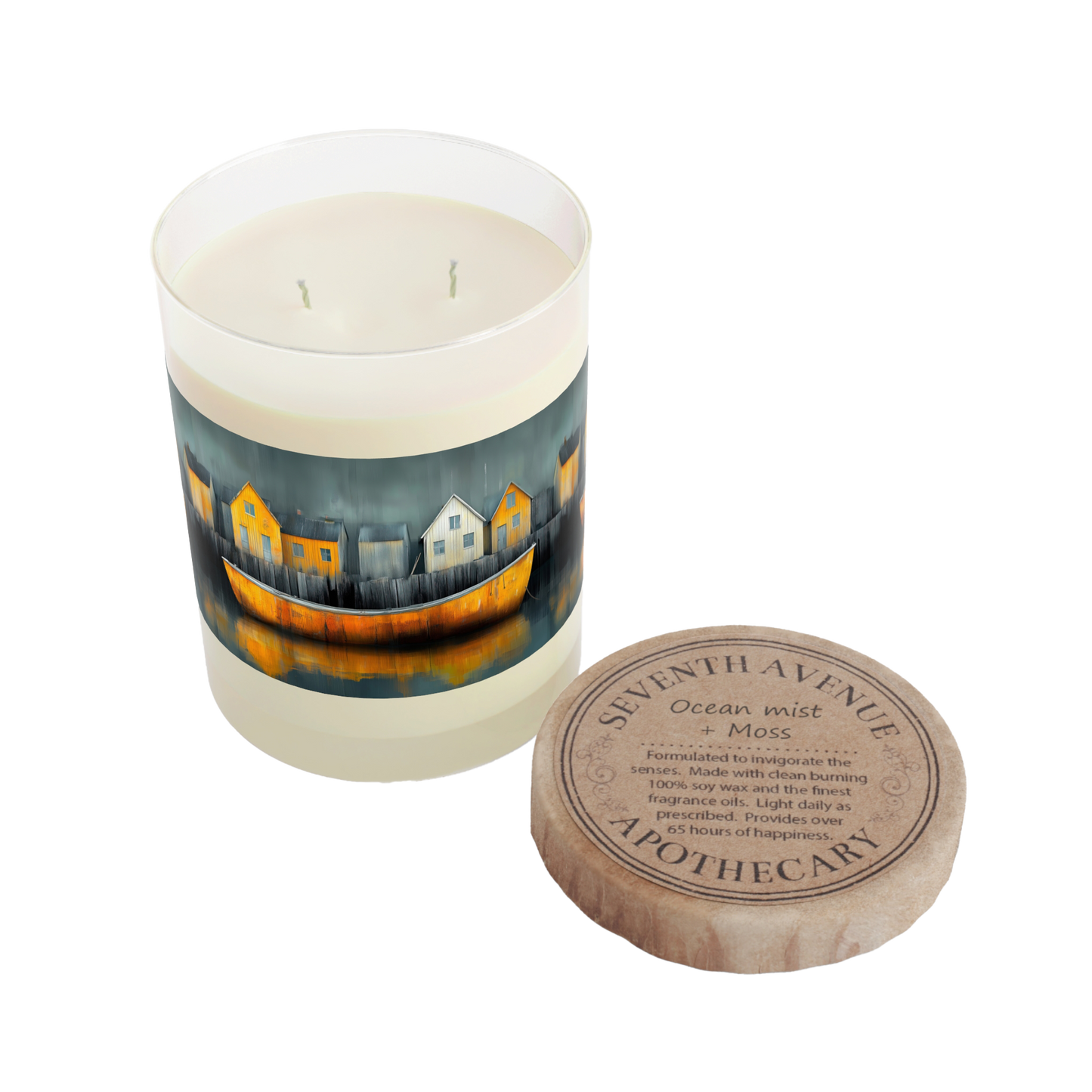 Reflections of the Forgotten Harbor - Coastal Serenity Scented Candle - 11oz Full Glass with Vibrant Boat & House Design