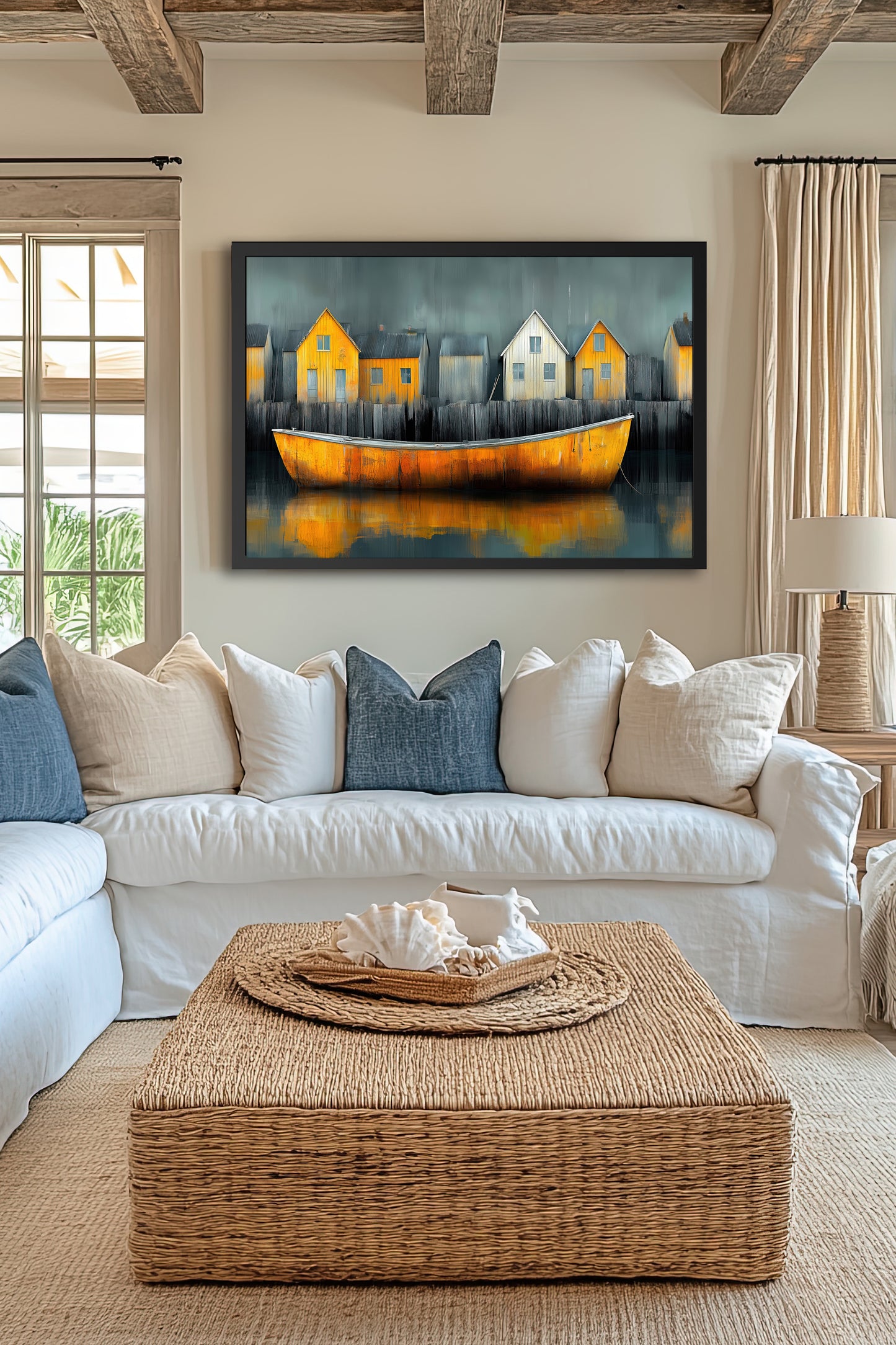 Reflections of the Forgotten Harbor - Framed Coastal Boat Poster - Fishing Village Scene - Vibrant Maritime Decor for Home & Office - Fine Art Print