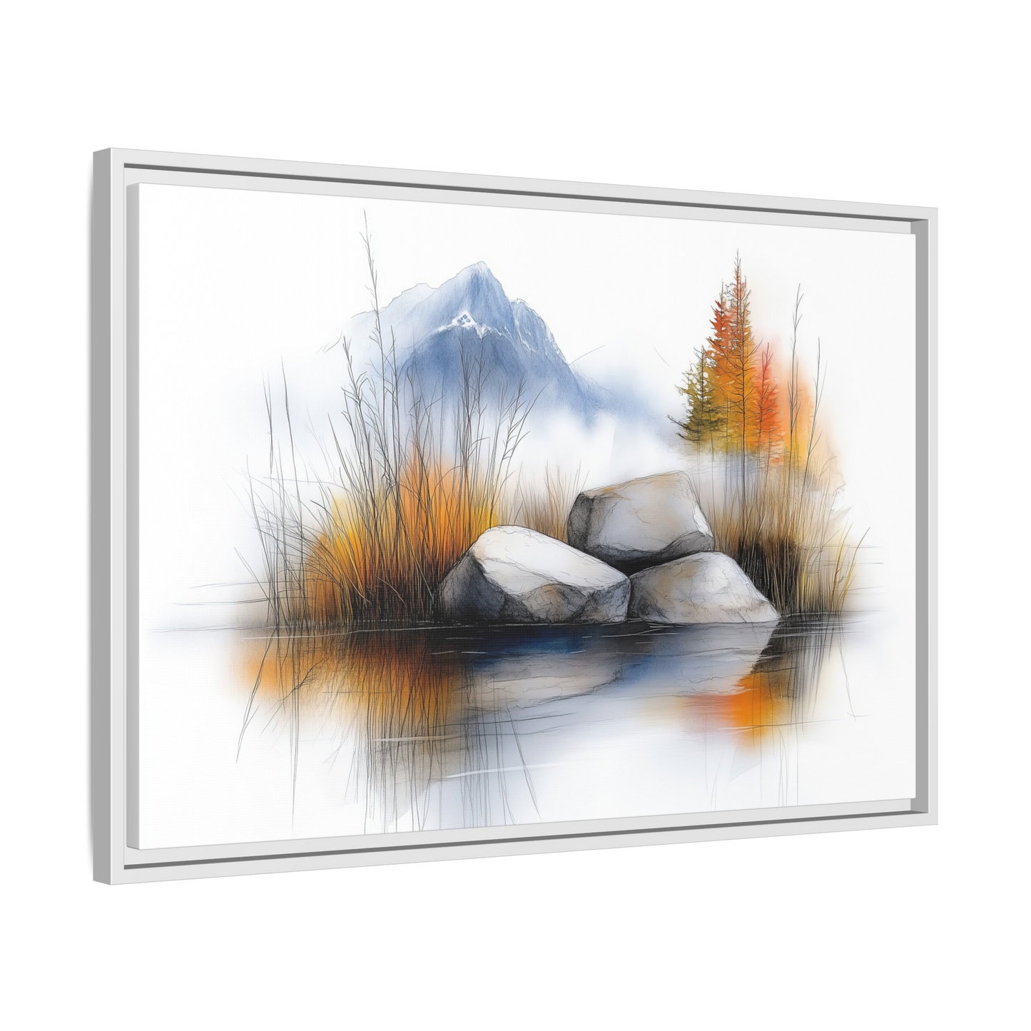 Whispers of the Lake - Nature Landscape Canvas Art with Floater Frame - Tranquil Mountains and Autumn Reflection