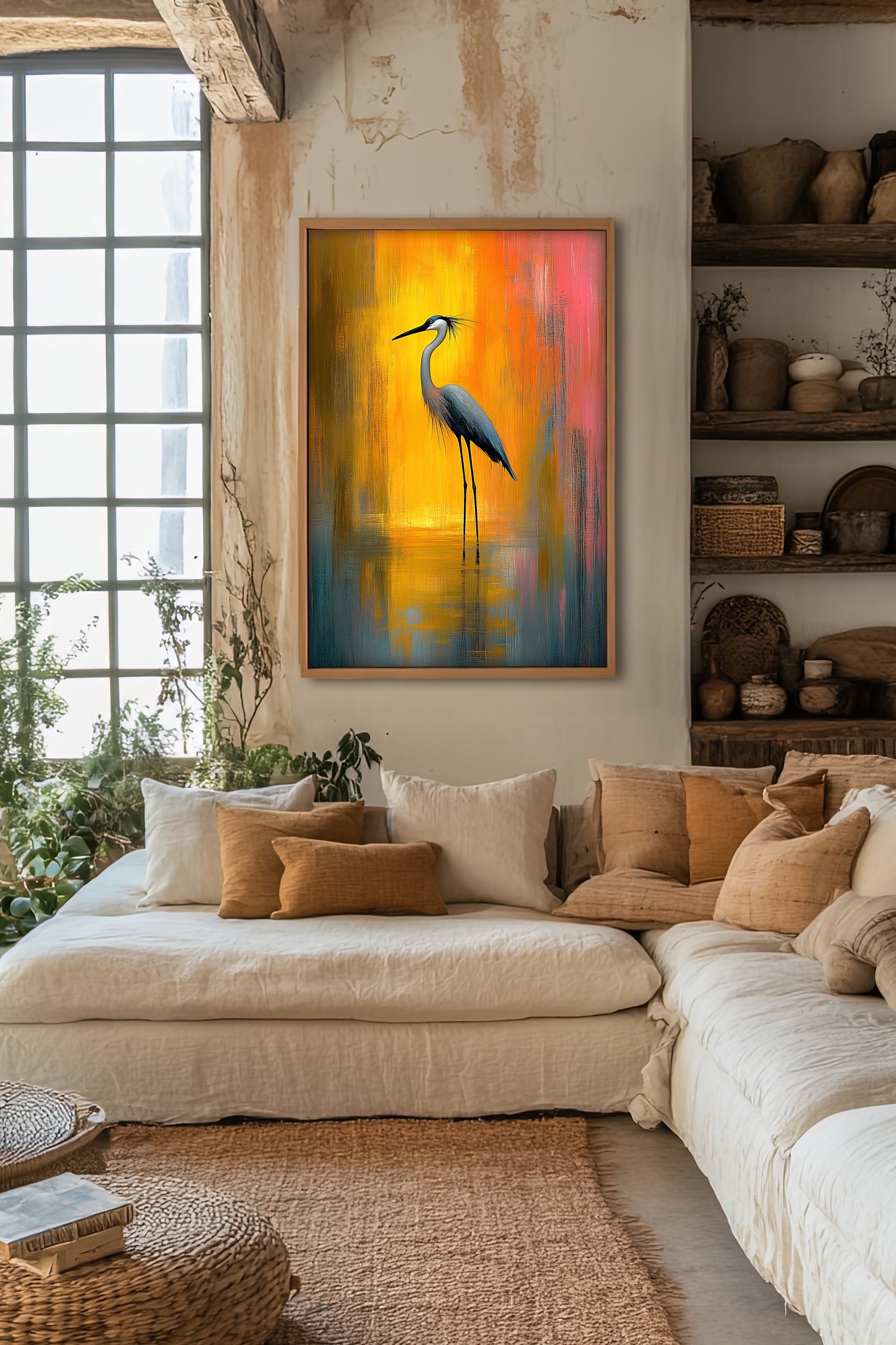 Stillness in Flame - Elegant Heron Art Paper Print - Nature Wall Decor for Home