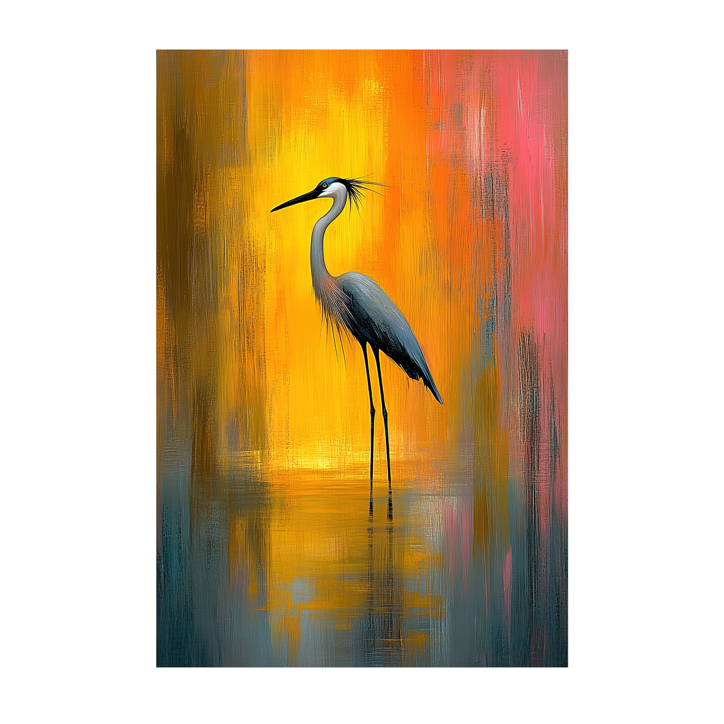 Stillness in Flame - Elegant Heron Art Paper Print - Nature Wall Decor for Home