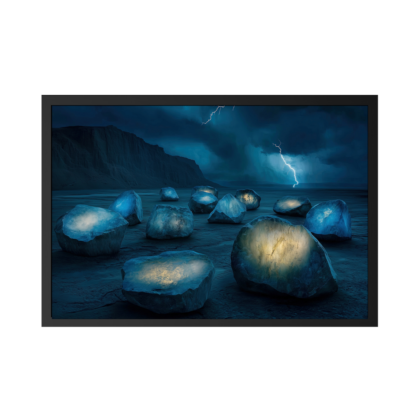 The Luminous Stones of the Storm - Mystical Landscape Framed Giclée Fine Art Print - Serene Blue Rocks and Lightning Decor
