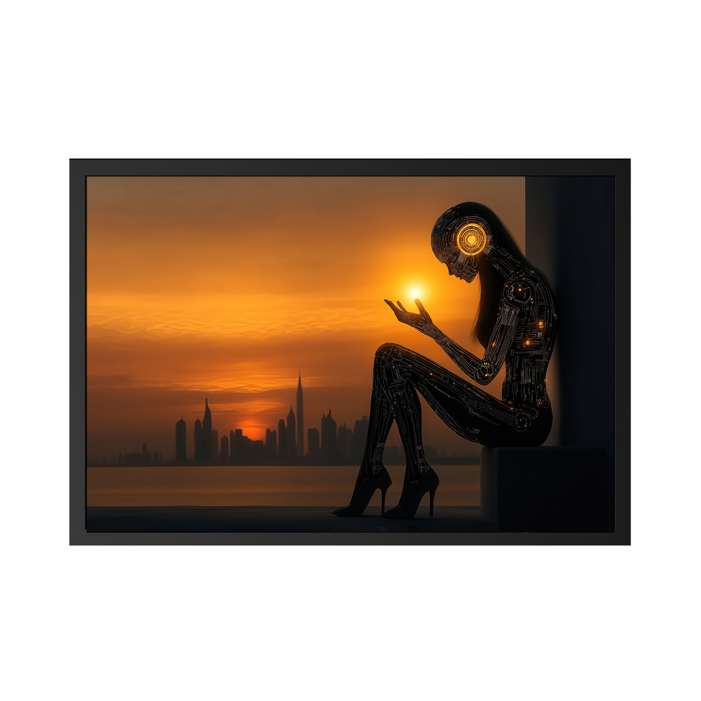 The Spark Within - Futuristic Framed Poster - Cybernetic Sunset Art for Modern Decor