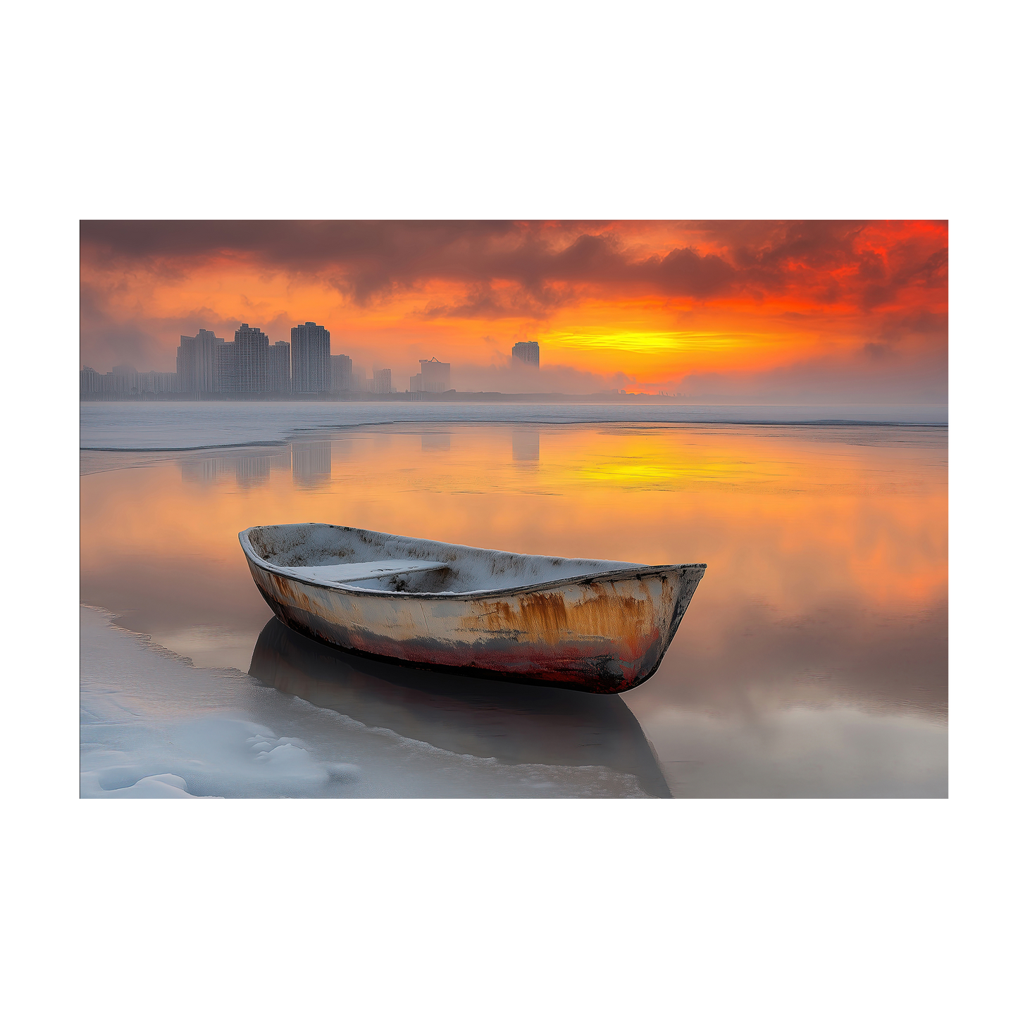 Adrift in Time - Fine Art Wall Decor - Serene Sunset Boat Paper Poster - Nature and Urban life - Tranquil Wall Art for Home Decor