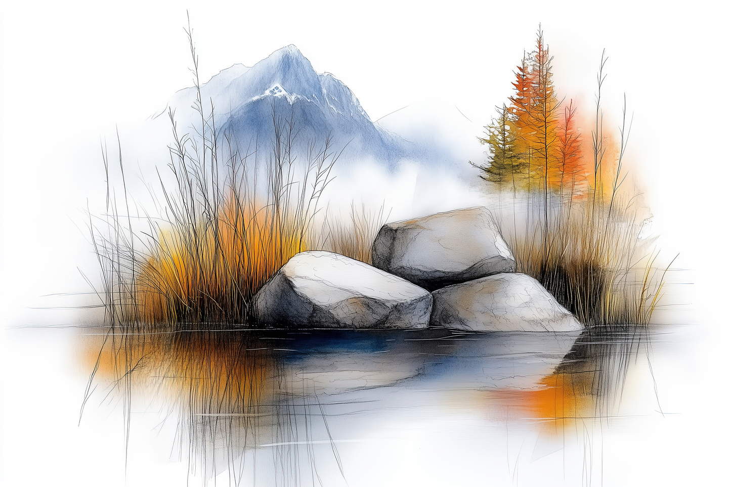 Whispers of the Lake - Nature Landscape Canvas Art with Floater Frame - Tranquil Mountains and Autumn Reflection