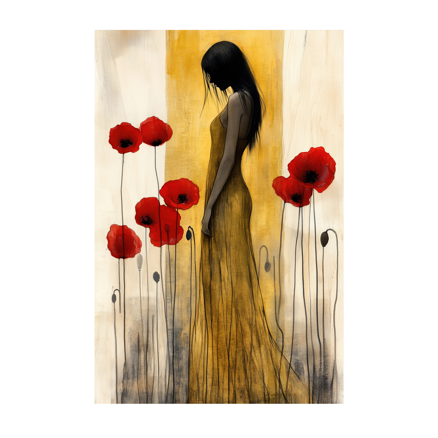 Elegy in Bloom - Elegant Floral Fine Art Prints - Woman in Yellow Dress with Red Poppies