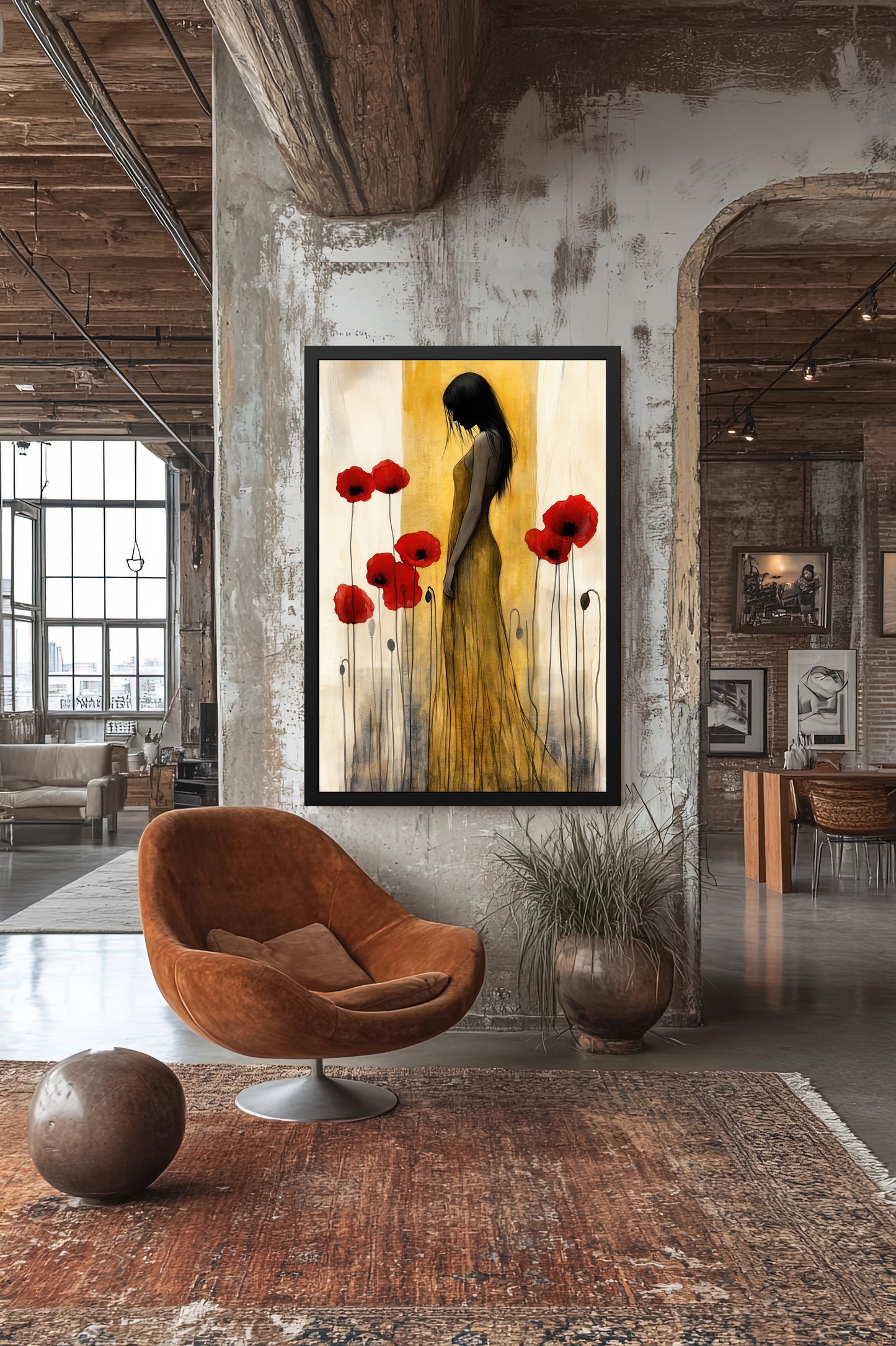 Elegy in Bloom - Elegant Floral Fine Art Prints - Woman in Yellow Dress with Red Poppies