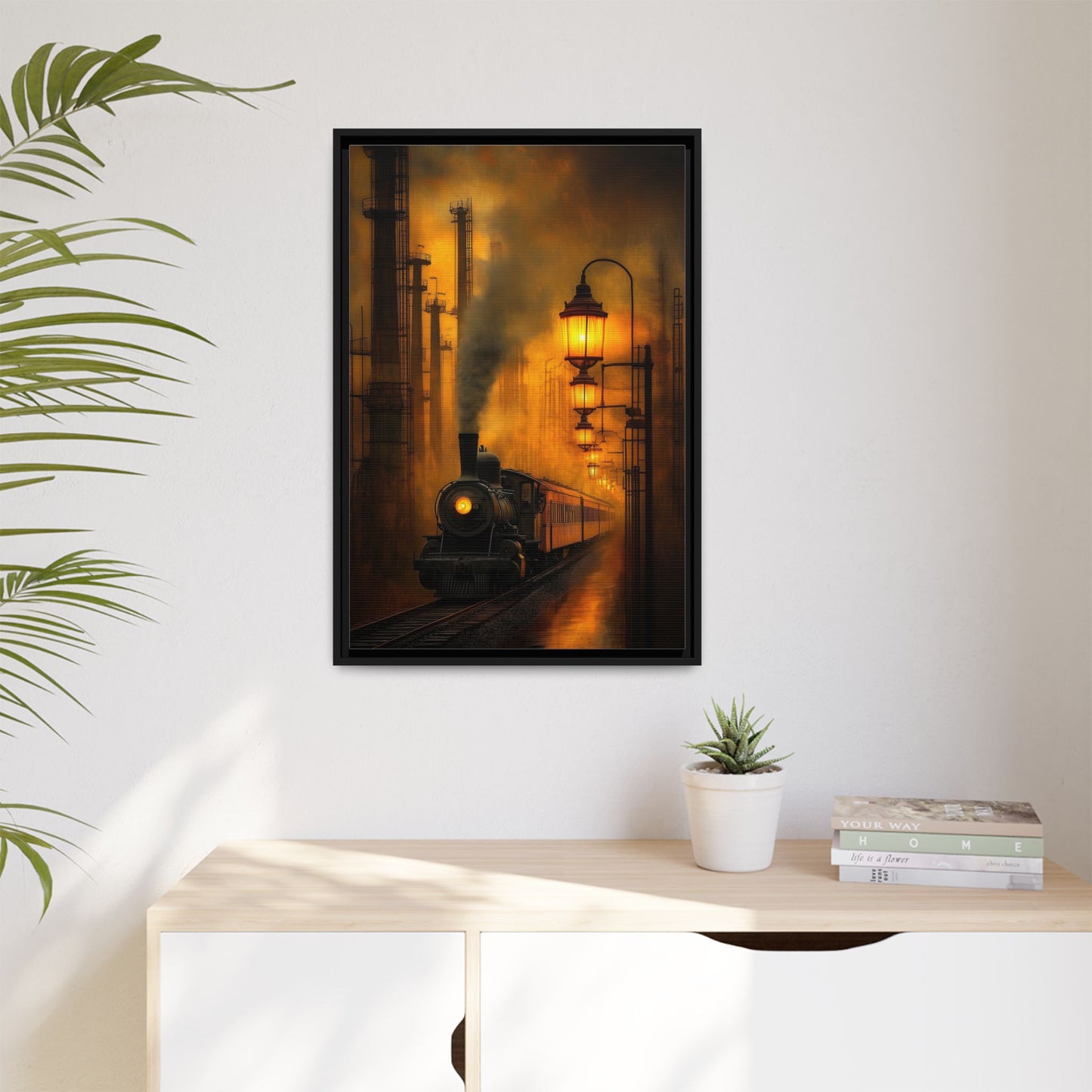 The Last Train Through the Inferno - Framed Vintage Train Canvas Art - Warm Glow Railroad Artwork